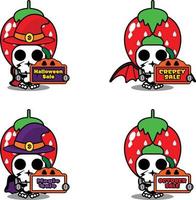 morangos fruta osso mascote traje personagem dos desenhos animados vetor. segurando a placa de halloween de venda vetor