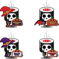 vetor personagem de desenho animado mascote traje osso sushi roll comida segurando venda placa de halloween