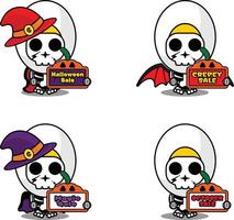 vetor personagem de desenho animado traje de mascote osso cozido comida segurando venda placa de halloween