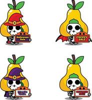 vetor de desenhos animados de personagem de traje de mascote de osso de frutas pera. segurando a placa de halloween de venda