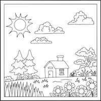 desenho vetorial para colorir página de casa paisagem para criança vetor