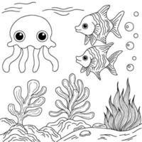 desenho vetorial de peixe sob o mar para colorir para criança vetor