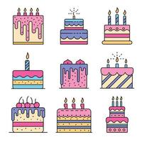 ícones de aniversário de bolo definir vetor de cor de linha