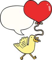 pássaro dos desenhos animados e balão de coração e bolha de fala vetor