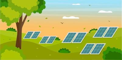 bela paisagem com painéis solares. ilustração do conceito de vetor de energia solar.