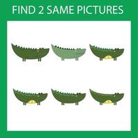 encontre um jogo de par com engraçados crocodilos verdes. planilha para crianças pré-escolares, folha de atividades para crianças, planilha para impressão vetor