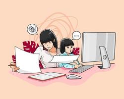 mãe cansada trabalhando online com sua filha em casa ilustração vetorial pro download vetor