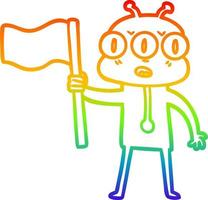 desenho de linha de gradiente de arco-íris desenho animado alienígena de três olhos acenando bandeira vetor
