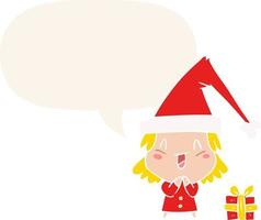 garota dos desenhos animados usando chapéu de natal e balão em estilo retrô vetor