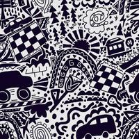 doodle sem costura padrão com carros, tabuleiro de xadrez, sol, casa, arco-íris, árvores. textura infinita abstrata para design moderno e moderno. ilustração vetorial vetor