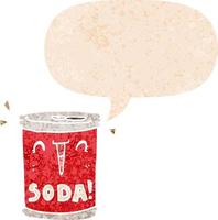 lata de refrigerante de desenho animado e bolha de fala em estilo retrô texturizado vetor