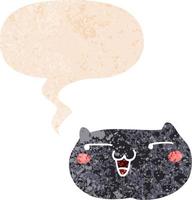 cara de gato de desenho animado e bolha de fala em estilo retrô texturizado vetor