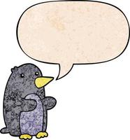 pinguim de desenho animado e bolha de fala no estilo de textura retrô vetor