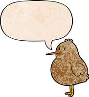 pássaro de kiwi bonito dos desenhos animados e bolha de fala no estilo de textura retrô vetor