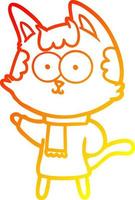 linha de gradiente quente desenhando gato de desenho animado feliz em roupas de inverno vetor