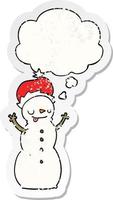 boneco de neve de natal dos desenhos animados e balão de pensamento como um adesivo desgastado vetor