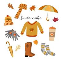 ilustração de clima de camisola de humor outono. conjunto de vetores fofos. suéter aconchegante, guarda-chuva de desenho animado, botas de borracha, cachecol de malha, chapéu de lã, café de abóbora, folhas de outono. isolado no fundo branco