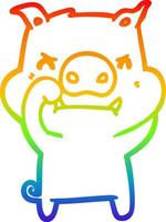 linha de gradiente de arco-íris desenhando porco de desenho animado com raiva vetor