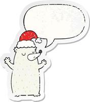 bonito desenho animado urso de natal e adesivo angustiado de bolha de fala vetor