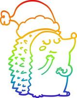 ouriço de desenho de desenho de linha de gradiente de arco-íris usando chapéu de natal vetor