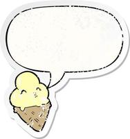 sorvete de desenho animado e adesivo angustiado de bolha de fala