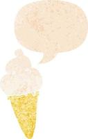 sorvete de desenho animado e bolha de fala em estilo retrô texturizado vetor