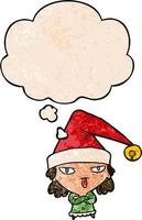 garota dos desenhos animados usando chapéu de natal e balão de pensamento no estilo de padrão de textura grunge vetor