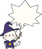 mágico incrível feiticeiro de gato de desenho animado e bolha de fala vetor