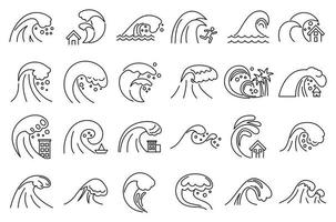 conjunto de ícones de desastre de tsunami, estilo de estrutura de tópicos vetor