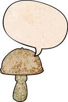 cogumelo de desenho animado e bolha de fala no estilo de textura retrô vetor