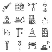 conjunto de ícones de trabalho de demolição da cidade, estilo de estrutura de tópicos vetor