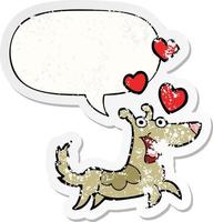 cão dos desenhos animados e corações de amor e adesivo angustiado de bolha de fala vetor