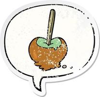 adesivo em apuros de maçã de caramelo de desenho animado e bolha de fala vetor
