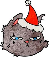 desenho texturizado de uma cara de gato duro usando chapéu de papai noel vetor