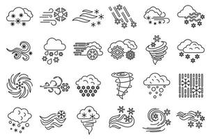 conjunto de ícones de clima de nevasca, estilo de estrutura de tópicos vetor