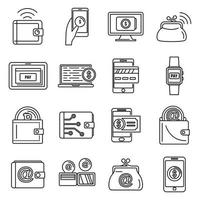 conjunto de ícones de carteira digital moderna, estilo de estrutura de tópicos vetor