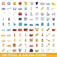 Conjunto de 100 ícones de piscina e sauna, estilo cartoon vetor