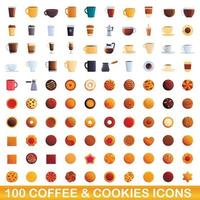 Conjunto de 100 ícones de café e biscoitos, estilo cartoon vetor