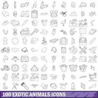 conjunto de 100 ícones de animais exóticos, estilo de contorno vetor