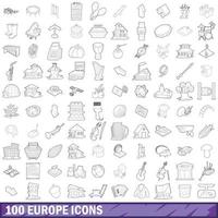 conjunto de 100 ícones da europa, estilo de contorno vetor