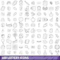 conjunto de 100 ícones de loteria, estilo de contorno vetor