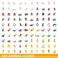 conjunto de 100 ícones de animais, estilo cartoon vetor