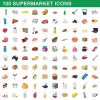 Conjunto de 100 supermercados, estilo cartoon vetor