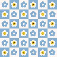 padrão sem emenda groovy xadrez retrô com flores a sorrir sobre um fundo azul branco. ilustração vetorial na moda colorida fofa no estilo dos anos 70, 80 vetor