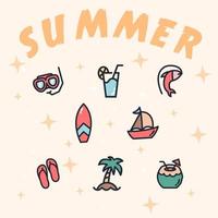 conjunto de ícone colorido de verão vetor