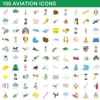 conjunto de 100 ícones de aviação, estilo cartoon vetor