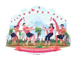 as pessoas comemoram o dia da independência indonésia participando da competição de cabo de guerra ou tarik tambang. ilustração vetorial em estilo simples vetor