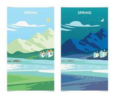 paisagem de primavera de dia e de noite. conjunto de banners de temporada de primavera ilustração vetorial de modelo vetor