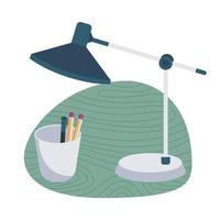caneta, lápis e lâmpada de mesa com bolha verde isolada no fundo branco. preparação para iniciar o trabalho. ilustração vetorial de design plano vetor