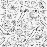 alimentos orgânicos saudáveis sem costura padrão vector fundo branco. esboço desenhado à mão legumes vintage tomate, pepino, pimenta, alho, cogumelos para pacote vegano, menu, receita, cozinhar